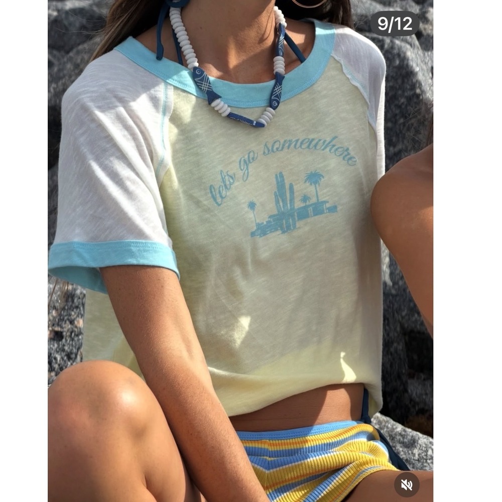 Pilcro Anthropologie Cotton Raglan Graphic Baby Tee Yellow Blue XXS